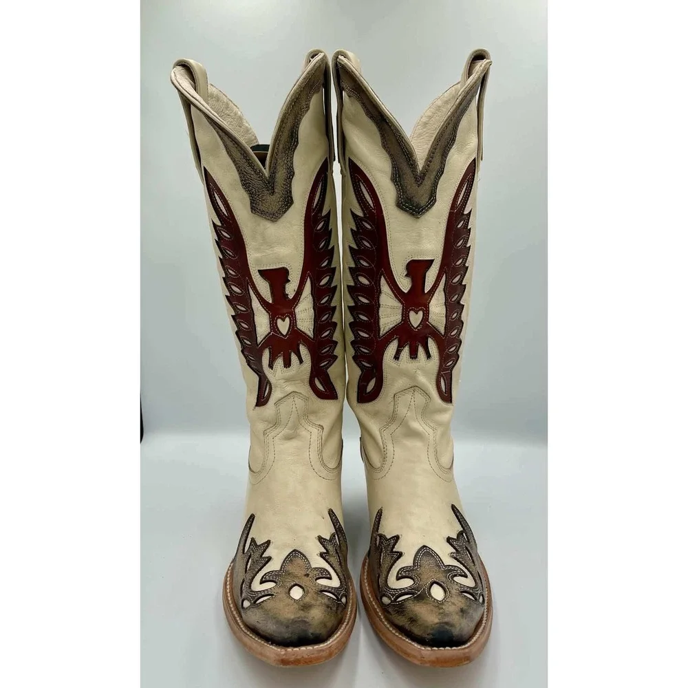 Freebird Willie Pewter Cognac Leather Western Eagle Inlay Tall Boots Womens 8